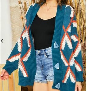 One Size Teal & Orange Geometric Pattern Abstract Shaped Button Cardigan